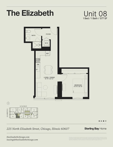 Floor plan for 1 bed, 1 bath, 577 sqft